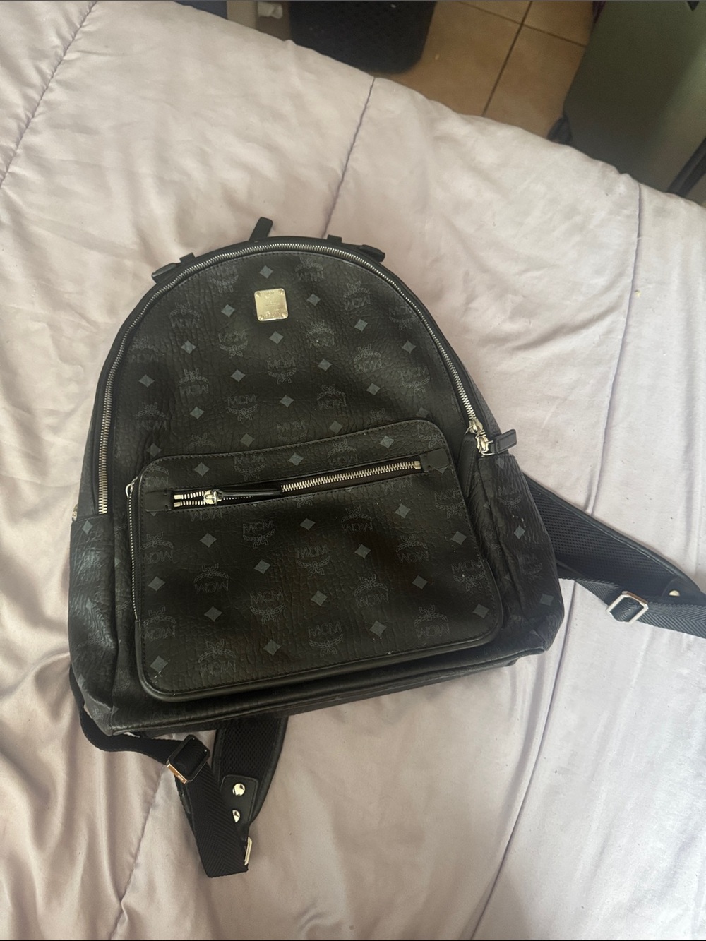 MCM Black Monogram Leather Backpack with Silver Hardware